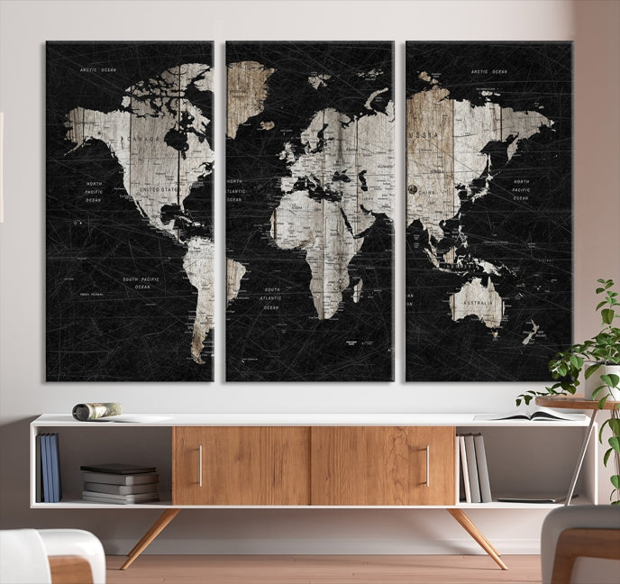 Black Push Pin World Map Detailed Framed Wall Art Canvas Print
