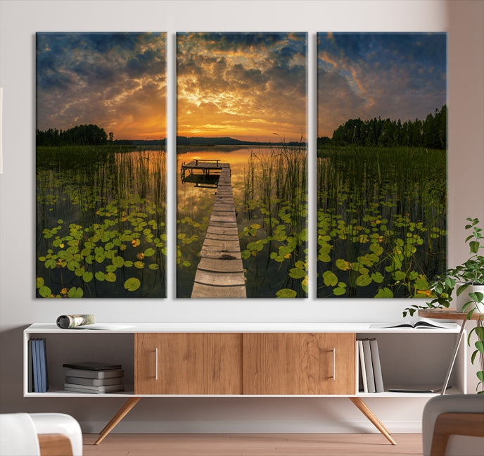 Flowers and Sunset at Lake Wall Art Natural Landscape Canvas Print