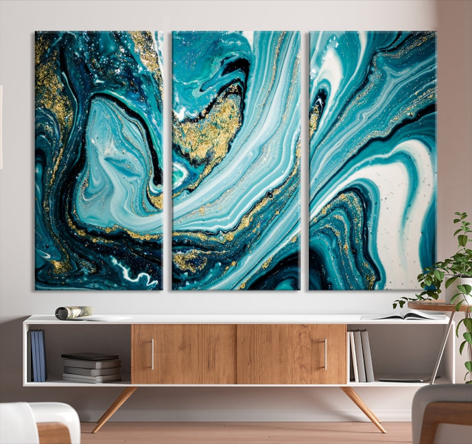 Turquoise Gold Marble Modern Abstract Painting Large Canvas Wall Art Giclee Print