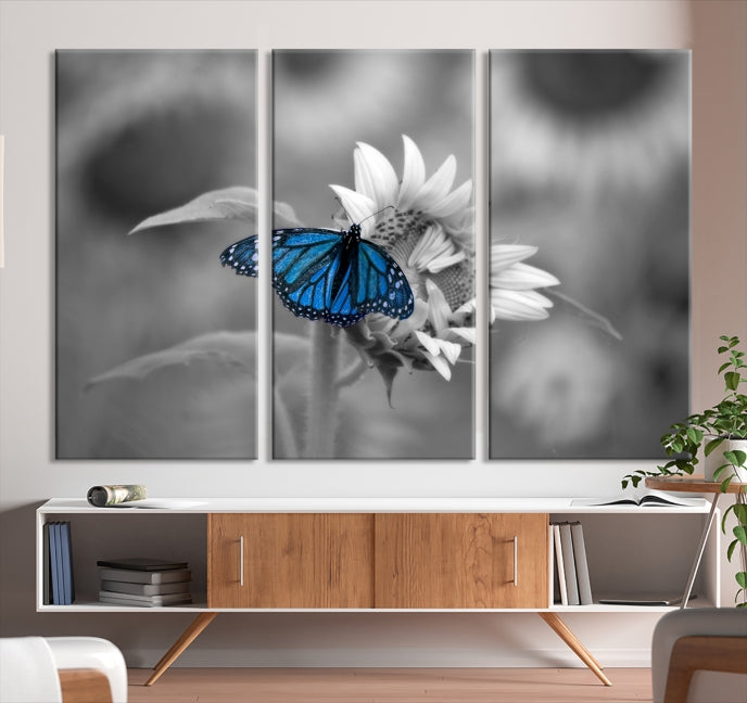 Pretty Blue Butterfly Black and White Canvas Wall Art Print Framed Ready to Hang