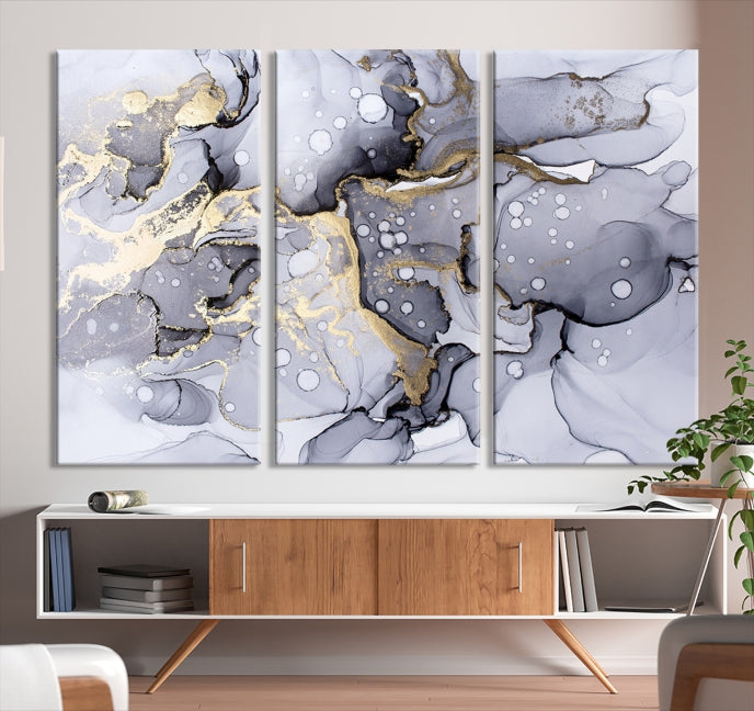 Gray Gold Abstract Painting on Giclee Canvas Wall Art Print Framed