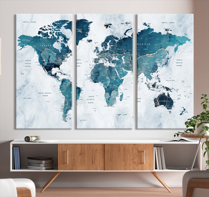 Blue World Map Extra Large Wall Art Canvas Print
