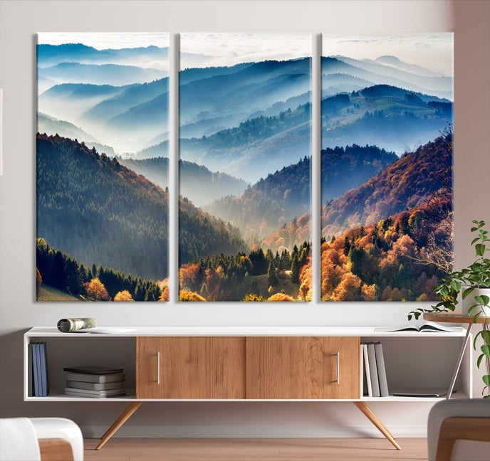 Mountain Misty Forest Foggy Autumn Framed Canvas Wall Art Giclee Print