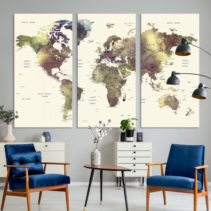 Vivid Colors Detailed World Map Wall Art Push Pin Travel Map Canvas Print