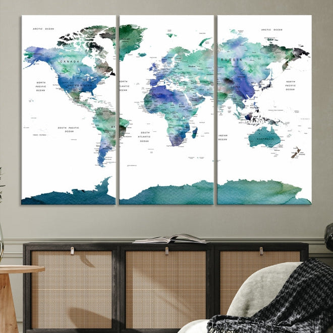 Vivid Colored World Map Push Pin Travel Map Canvas Wall Art Giclee Print