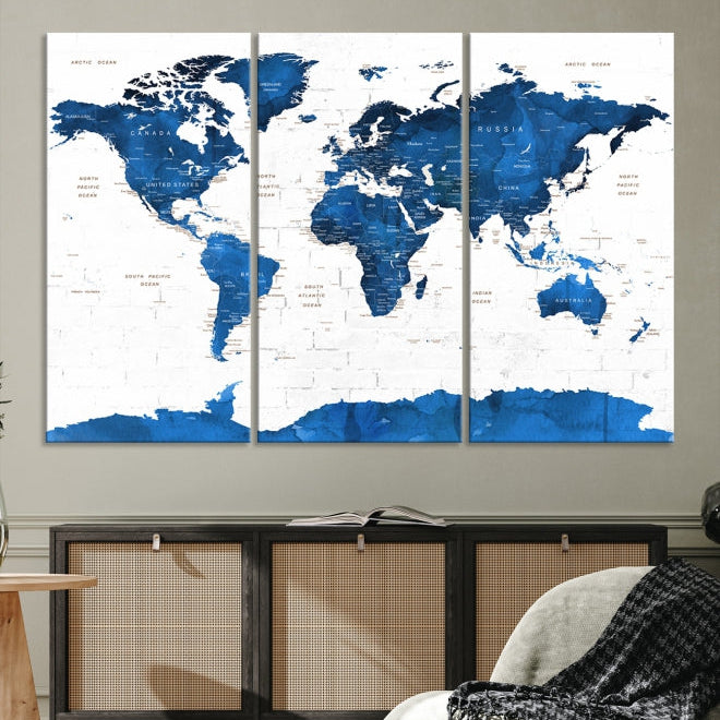 Blue Extra Large Framed Push Pin World Map Wall Art Canvas Print