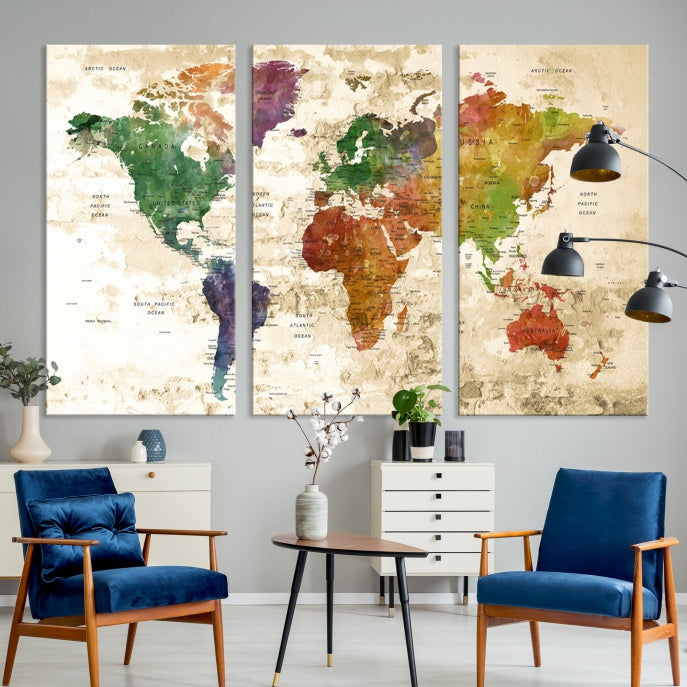 Push Pin World Map Canvas Print with Brownish Background Extra Large Framed Map Poster