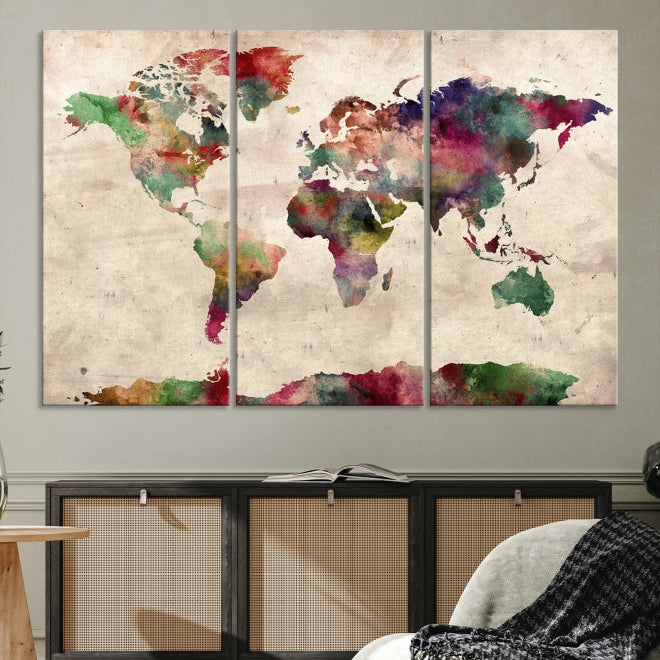 Colorful Watercolor World Map Framed Canvas Wall Art Giclee Print