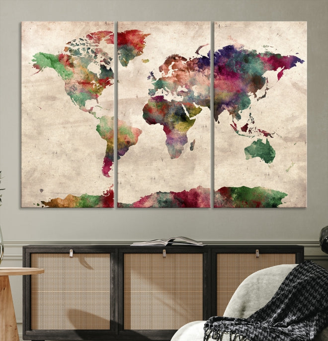 Colorful Watercolor World Map Framed Canvas Wall Art Giclee Print