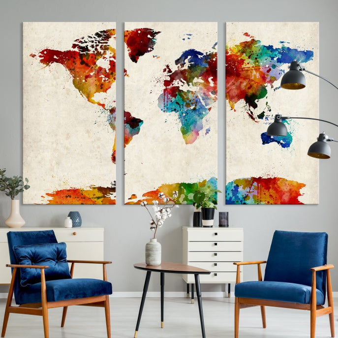 Large Wall Art World Map Watercolor Canvas Print