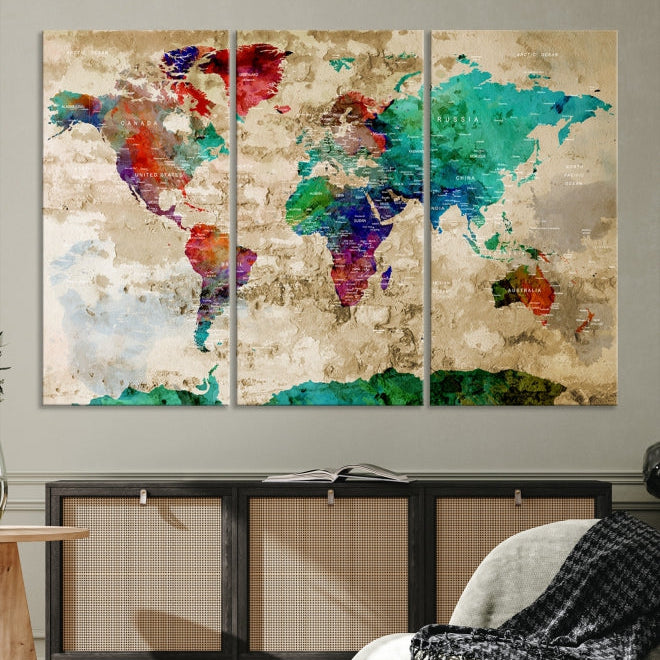 Multi Panel World Map with Push Pins Detailed Map Canvas Wall Art Print