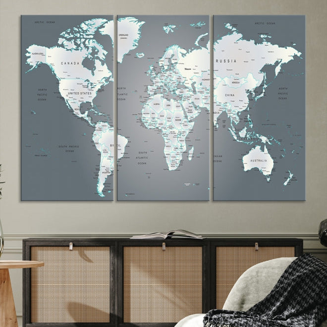 Gray World Map Push Pin Travel Map Canvas Wall Art Giclee Print