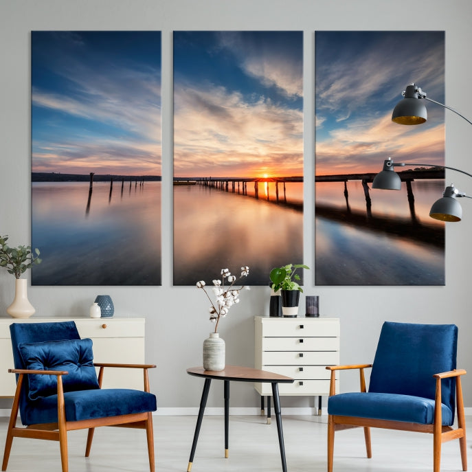 Wooden Pier at Sunset Seascape Wall Art Canvas Print for Home Office Decor