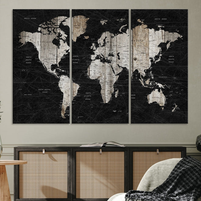 Black Push Pin World Map Detailed Framed Wall Art Canvas Print