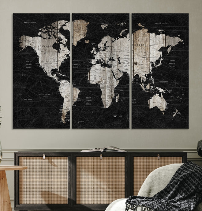 Black Push Pin World Map Detailed Framed Wall Art Canvas Print