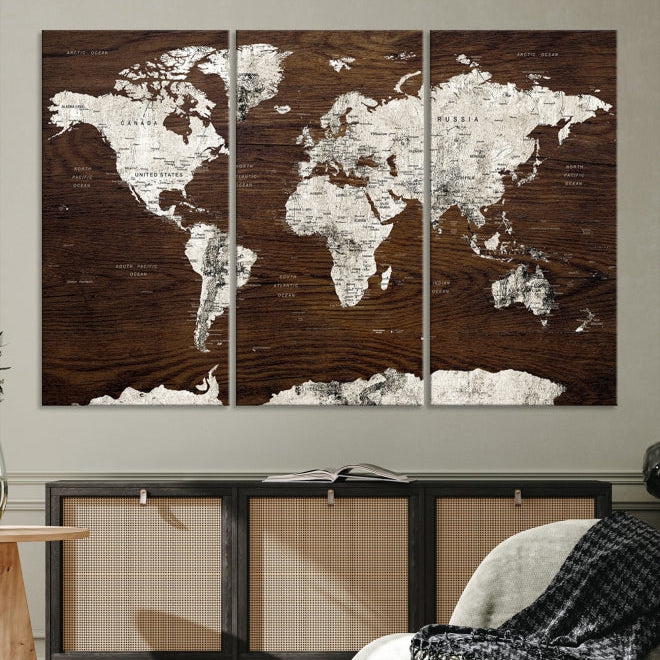 White Coloured World Map on Brown Background Large Canvas Print Wall Art