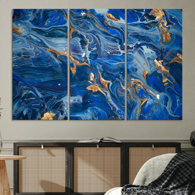 Navy Blue Marble Fluid Effect Abstract Painting Canvas Wall Art Giclee Print