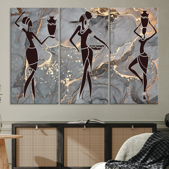 Gray Gold African Women Canvas Art Print Framed Ready to Hang