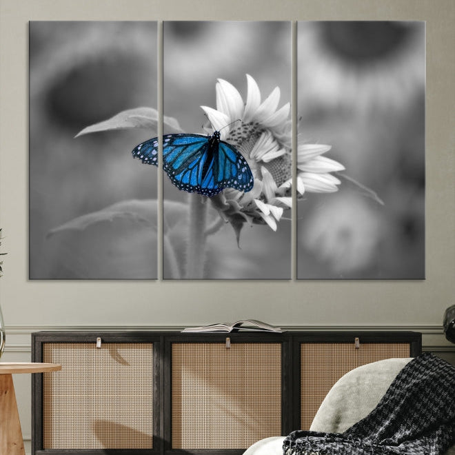 Pretty Blue Butterfly Black and White Canvas Wall Art Print Framed Ready to Hang