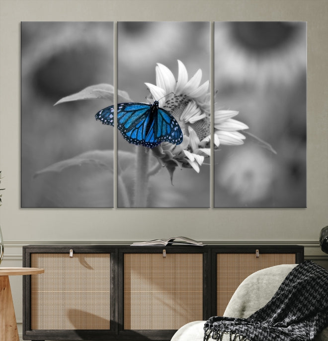 Pretty Blue Butterfly Black and White Canvas Wall Art Print Framed Ready to Hang