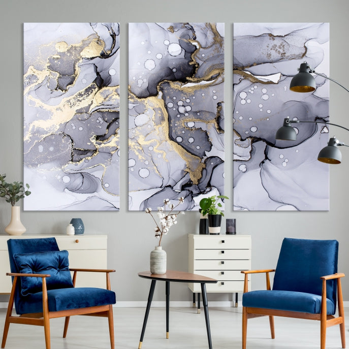 Gray Gold Abstract Painting on Giclee Canvas Wall Art Print Framed
