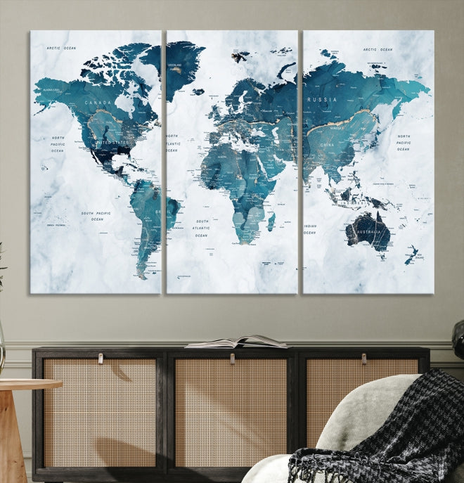 Blue World Map Extra Large Wall Art Canvas Print