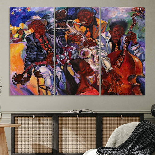 African American Jazz Mucisian Orchestra Abstract Painting on Giclee Canvas Wall Art Print