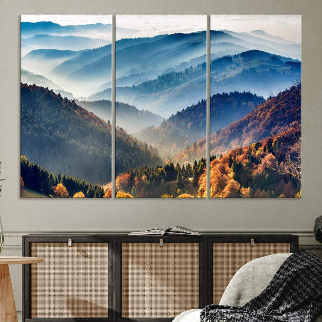 Mountain Misty Forest Foggy Autumn Framed Canvas Wall Art Giclee Print