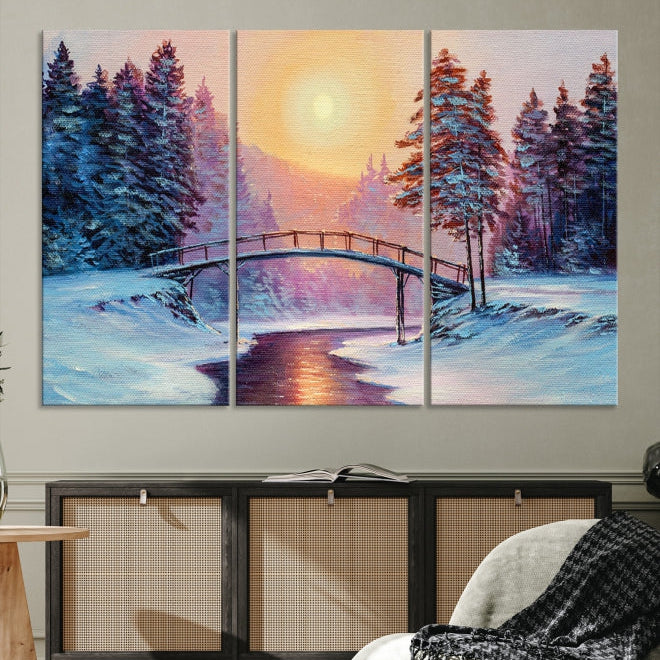 Beautiful Winter Landscape Painting Snowy Bridge Giclee Canvas Extra Large Wall Art Print