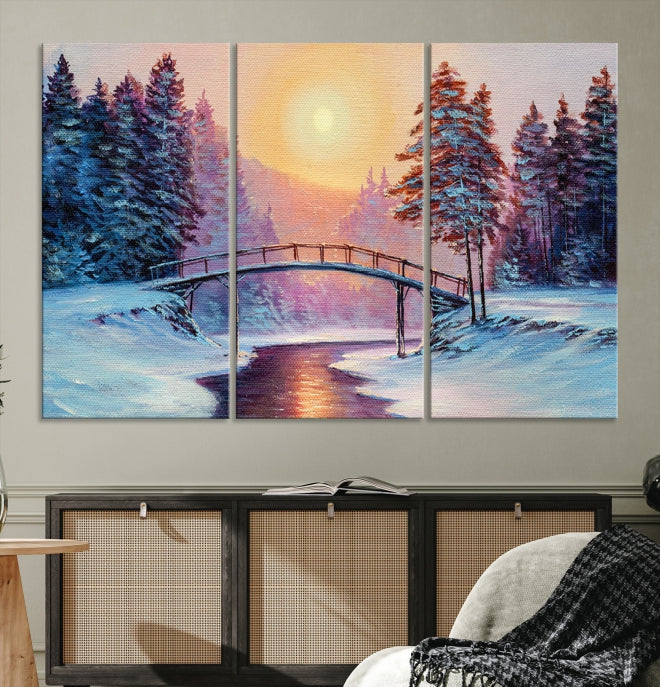 Beautiful Winter Landscape Painting Snowy Bridge Giclee Canvas Extra Large Wall Art Print