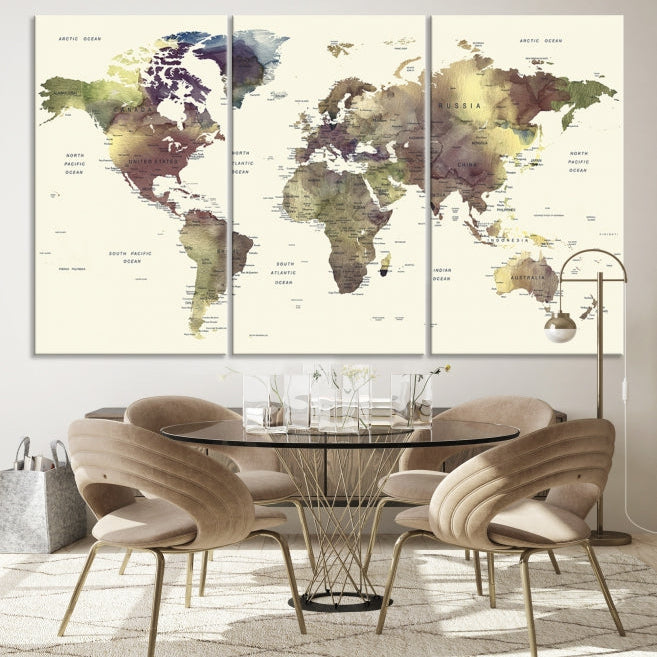 Vivid Colors Detailed World Map Wall Art Push Pin Travel Map Canvas Print