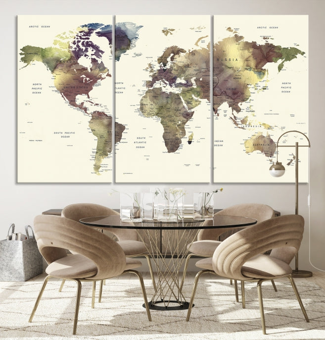 Vivid Colors Detailed World Map Wall Art Push Pin Travel Map Canvas Print