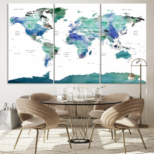 Vivid Colored World Map Push Pin Travel Map Canvas Wall Art Giclee Print