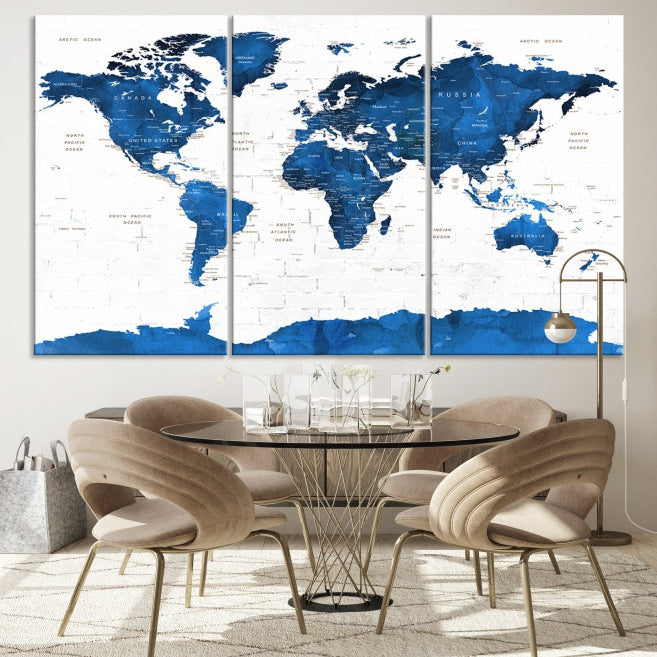 Blue Extra Large Framed Push Pin World Map Wall Art Canvas Print