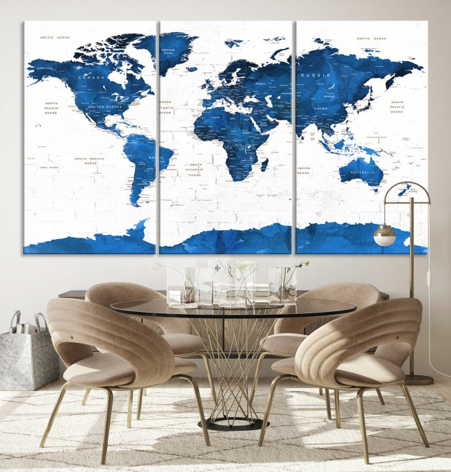 Blue Extra Large Framed Push Pin World Map Wall Art Canvas Print