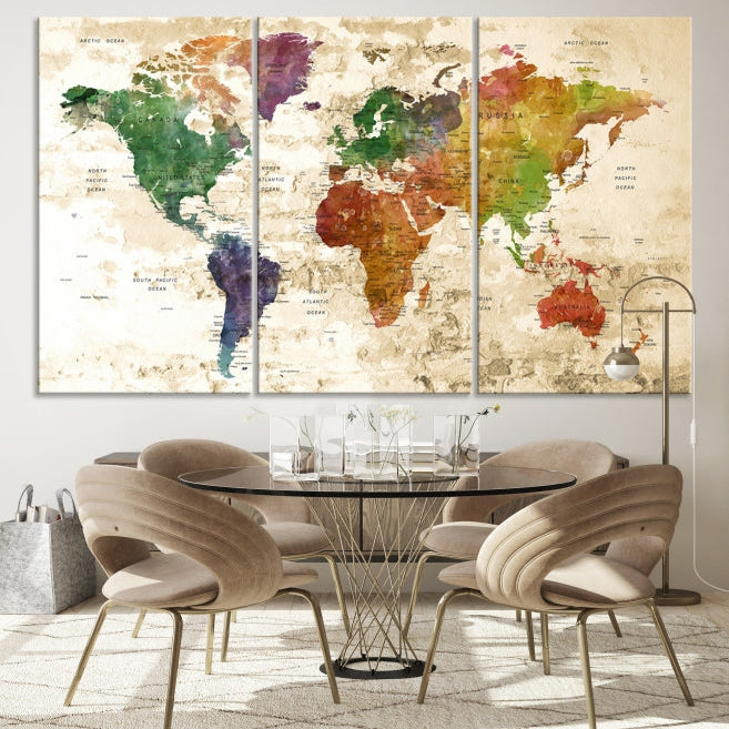 Push Pin World Map Canvas Print with Brownish Background Extra Large Framed Map Poster