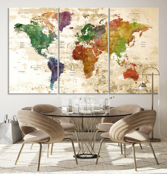 Push Pin World Map Canvas Print with Brownish Background Extra Large Framed Map Poster