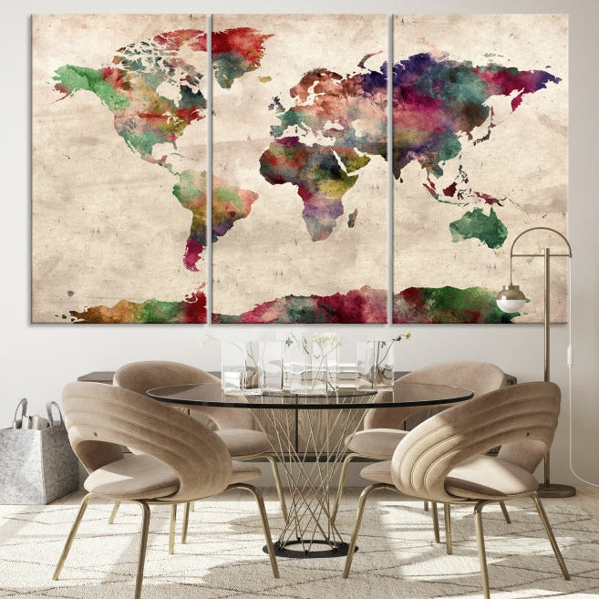 Colorful Watercolor World Map Framed Canvas Wall Art Giclee Print