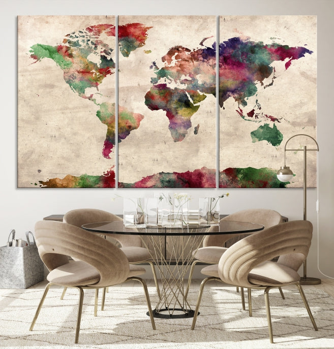 Colorful Watercolor World Map Framed Canvas Wall Art Giclee Print