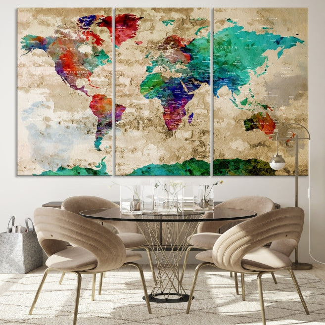 Multi Panel World Map with Push Pins Detailed Map Canvas Wall Art Print