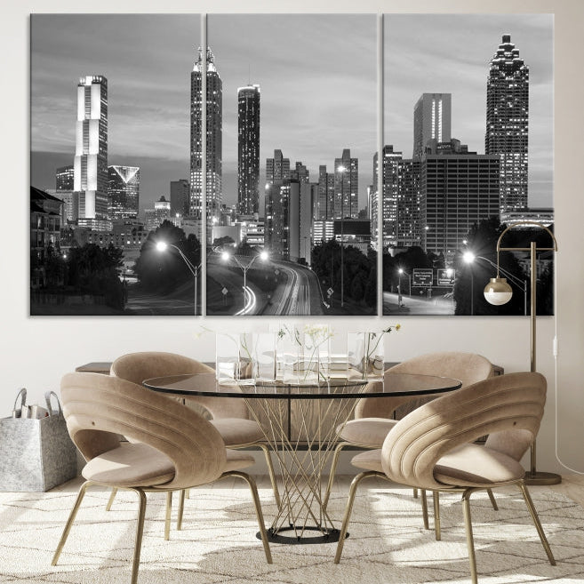 Atlanta City Cloudy Skyline Black and White Cityscape Canvas Print