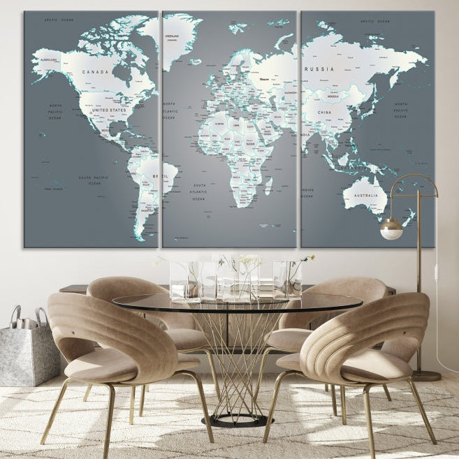 Gray World Map Push Pin Travel Map Canvas Wall Art Giclee Print