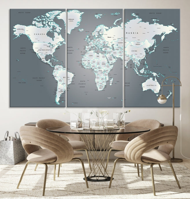 Gray World Map Push Pin Travel Map Canvas Wall Art Giclee Print