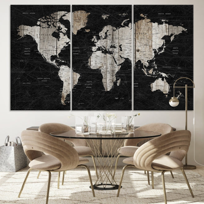 Black Push Pin World Map Detailed Framed Wall Art Canvas Print