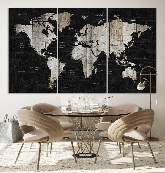 Black Push Pin World Map Detailed Framed Wall Art Canvas Print