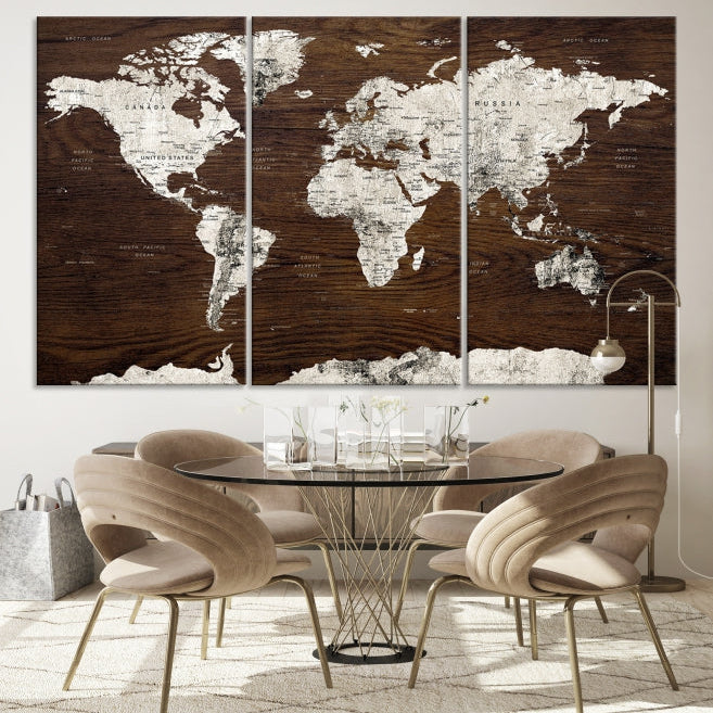 White Coloured World Map on Brown Background Large Canvas Print Wall Art