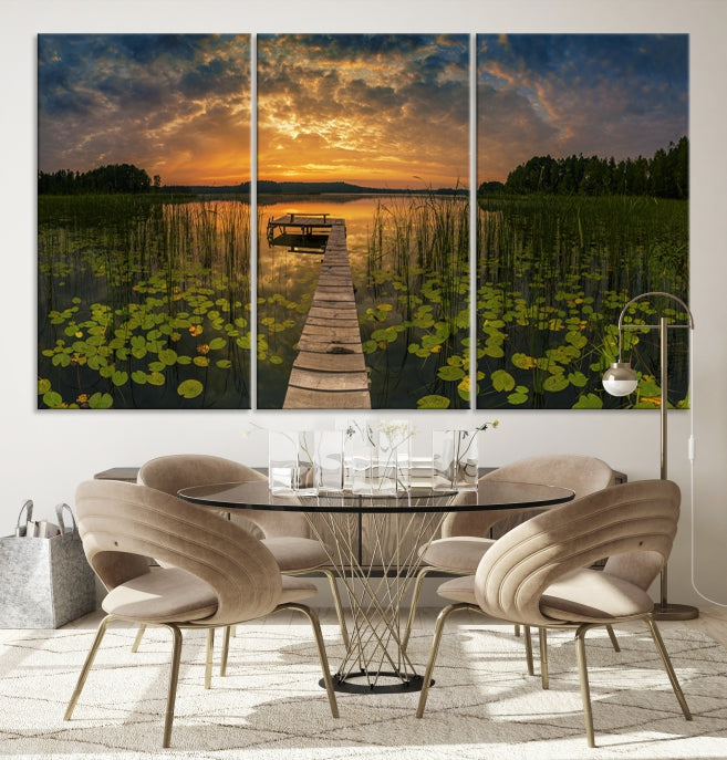 Flowers and Sunset at Lake Wall Art Natural Landscape Canvas Print