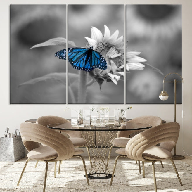 Pretty Blue Butterfly Black and White Canvas Wall Art Print Framed Ready to Hang