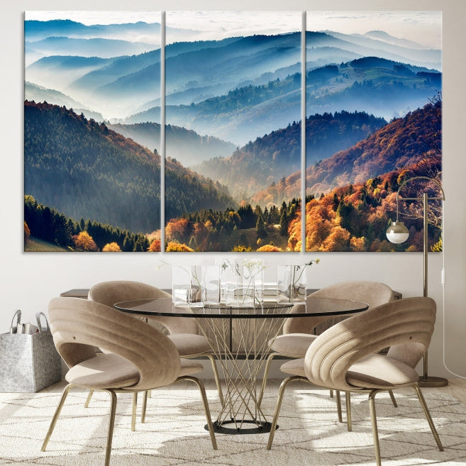 Mountain Misty Forest Foggy Autumn Framed Canvas Wall Art Giclee Print