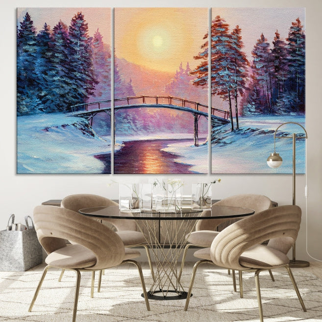 Beautiful Winter Landscape Painting Snowy Bridge Giclee Canvas Extra Large Wall Art Print